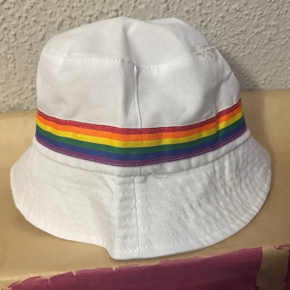 White Bucket Pride Hat with Rainbow Stripe Colorful Casual Dopamine Festival O/S